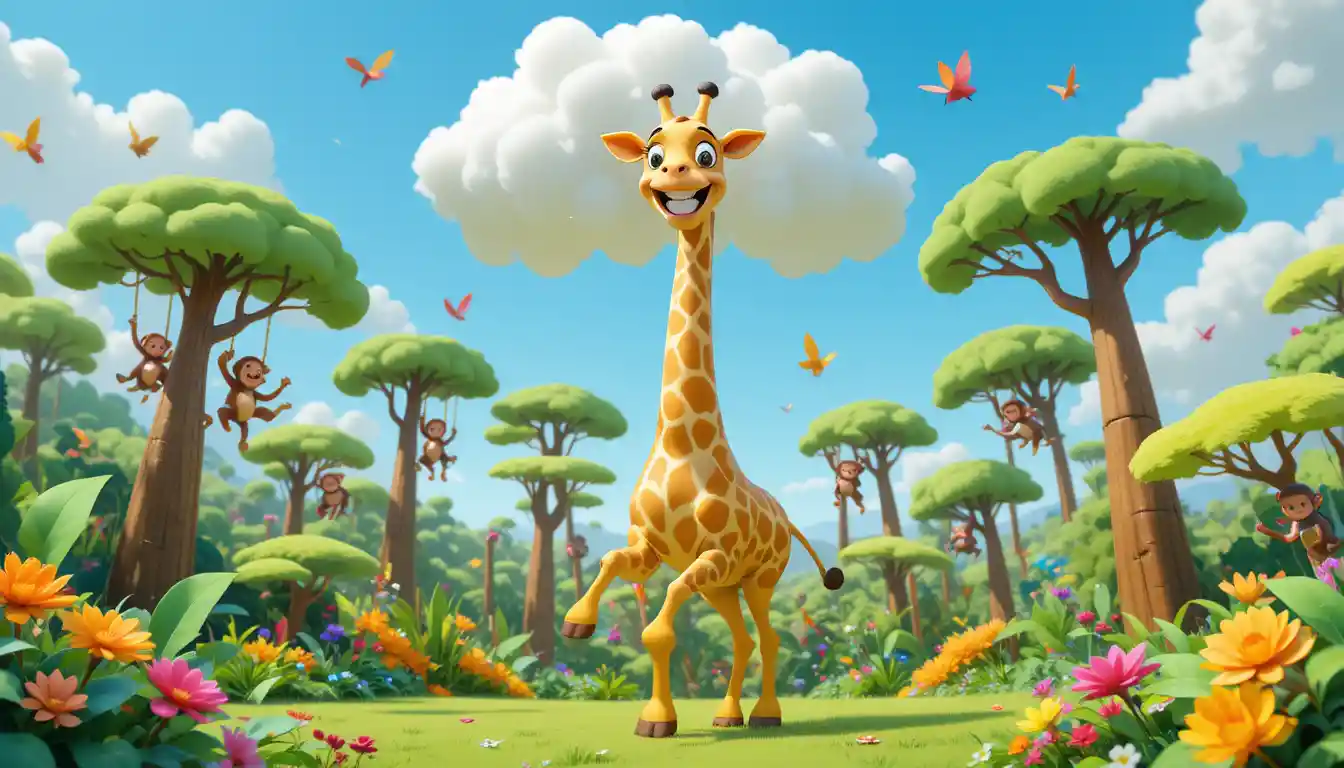 Fröhliche 3D-Giraffe spielt mit Wolken im Dschungel