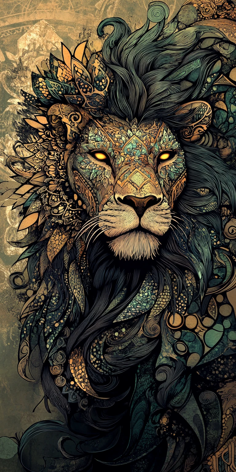 Lion royal avec crinière gothique décorative et yeux lumineux