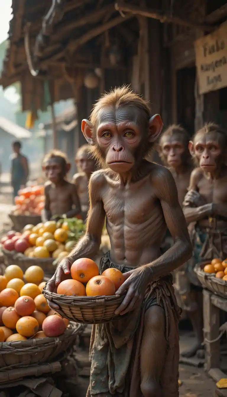 Povero venditore scimmia che sistema la frutta nel mercato del villaggio
