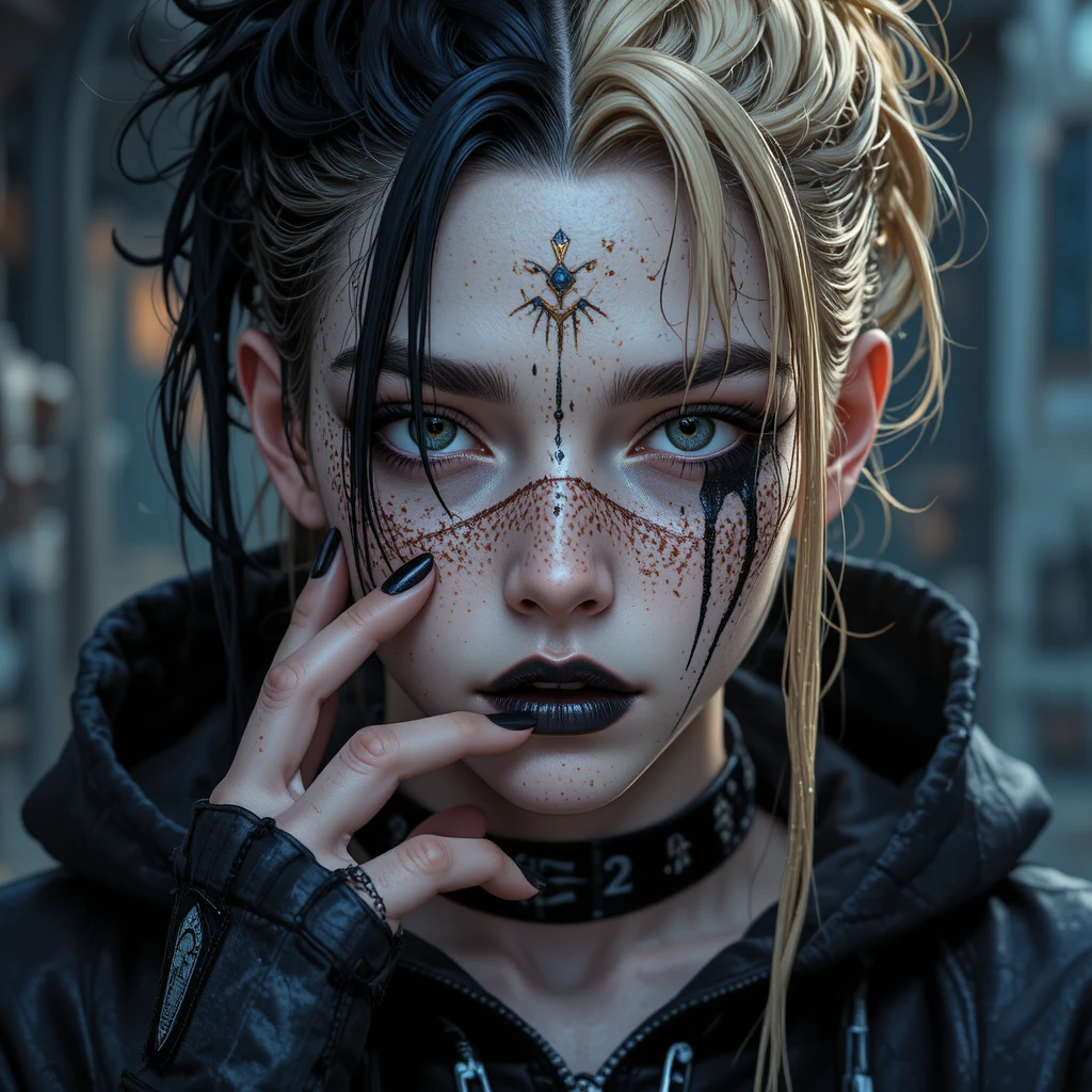 Garoto de anime com olhos heterocrômicos e streetwear com capuz preto