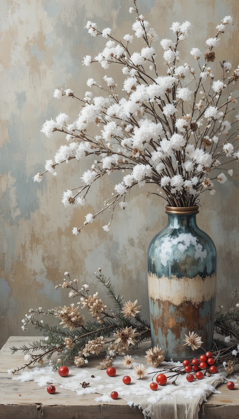 Aconchegante natureza‑morta de inverno com garrafa‑vaso e flocos de neve