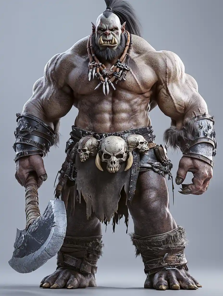Orco guerrero masivo con hacha de batalla en render 3D
