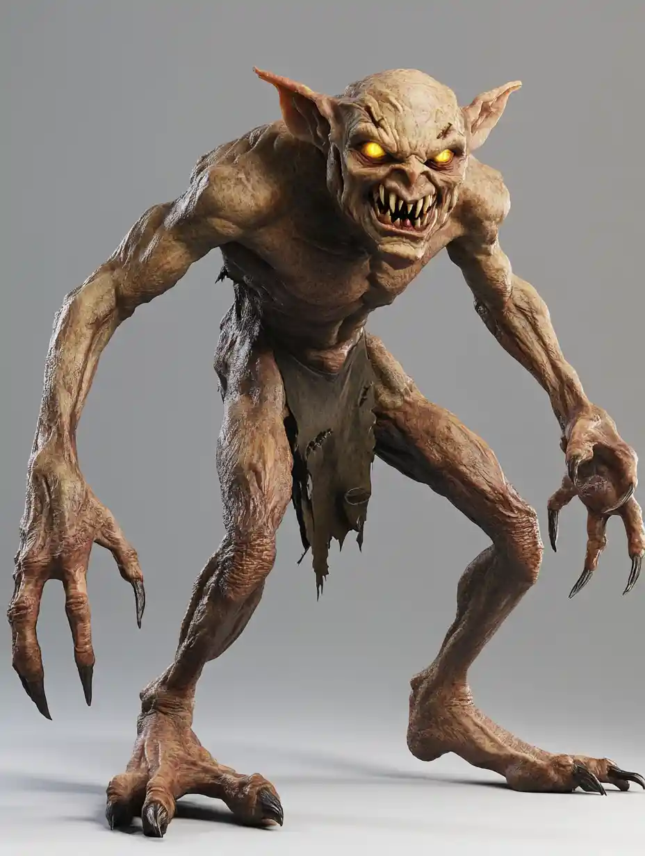 Bedrohlicher 3D-Goblin-Charakter mit sehnigen Muskelgliedern
