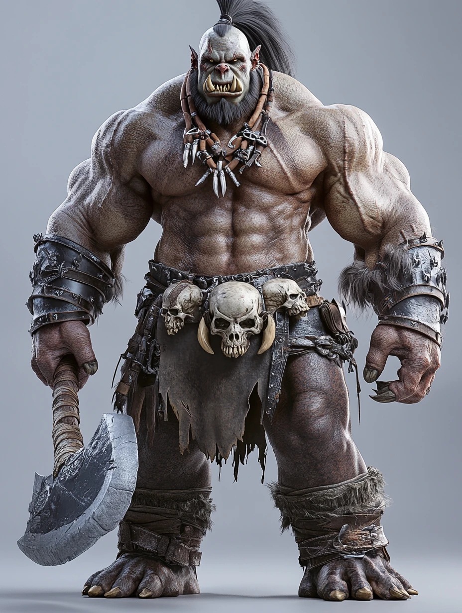 Orc guerreiro massivo com machado de batalha em render 3D