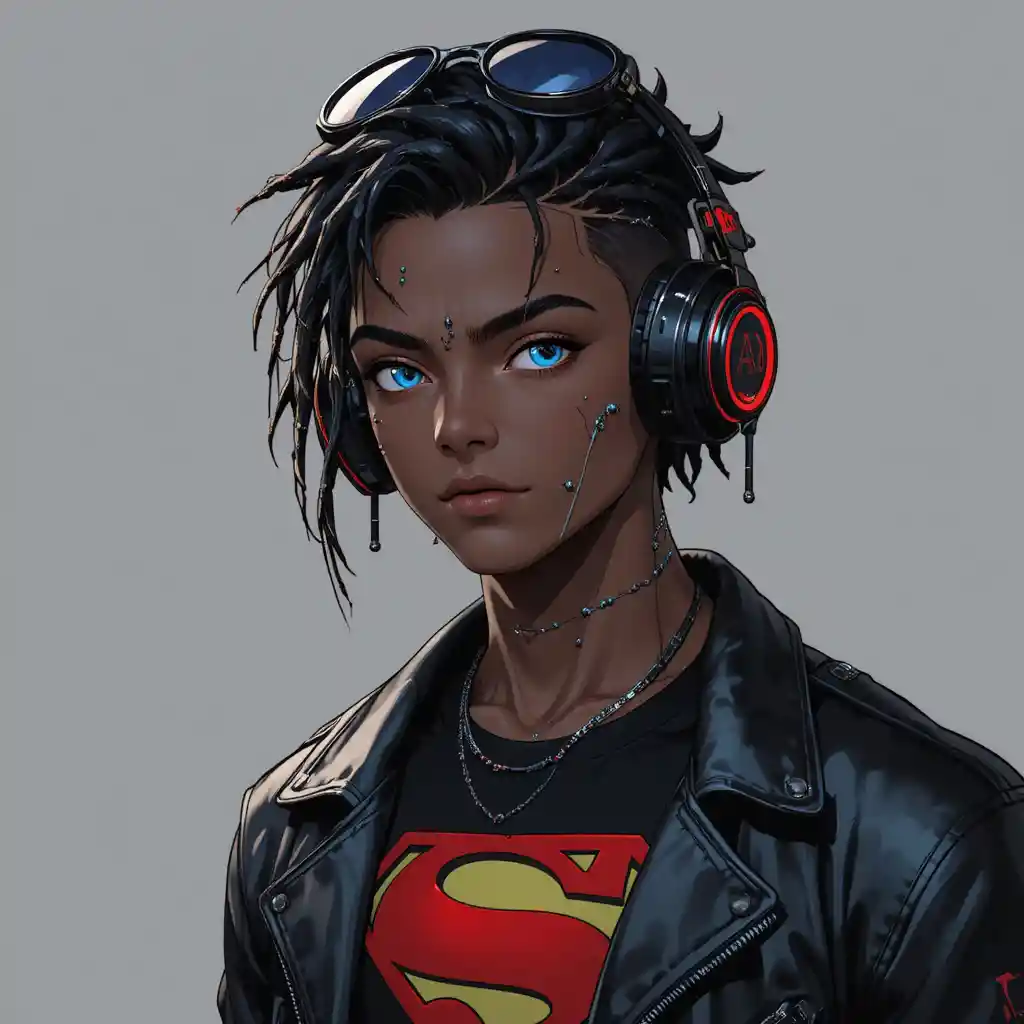 Homem de anime com pele escura, olhos azuis e piercings