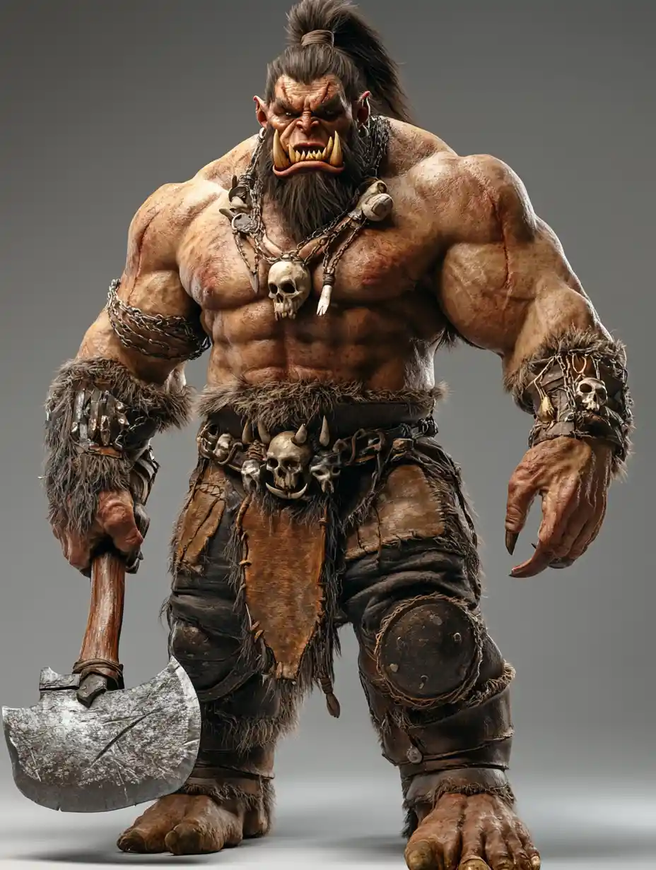 Guerreiro orc musculoso com machado de batalha em render 3D