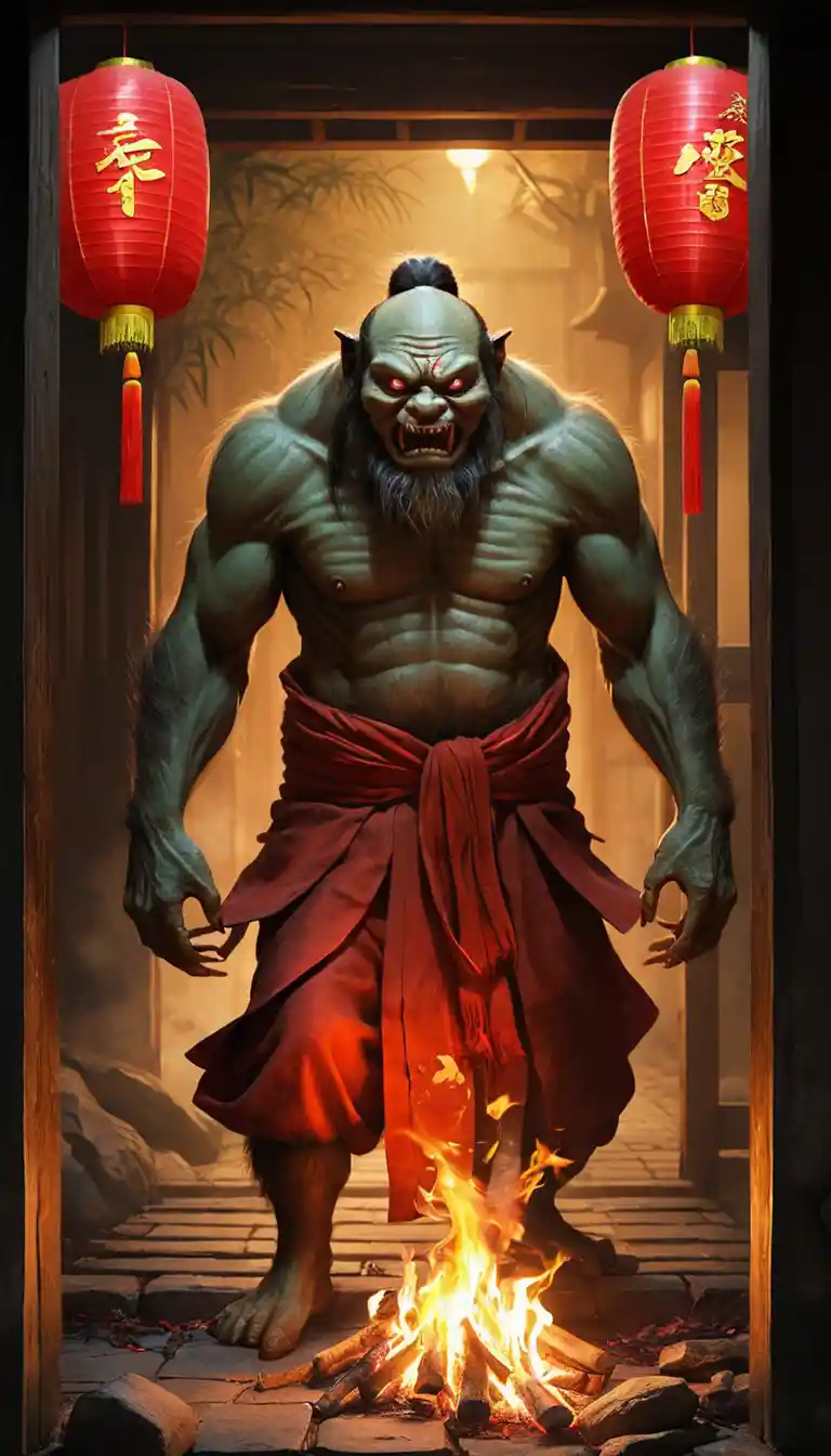 Terrifying monster Nien attacking a frightened village at night