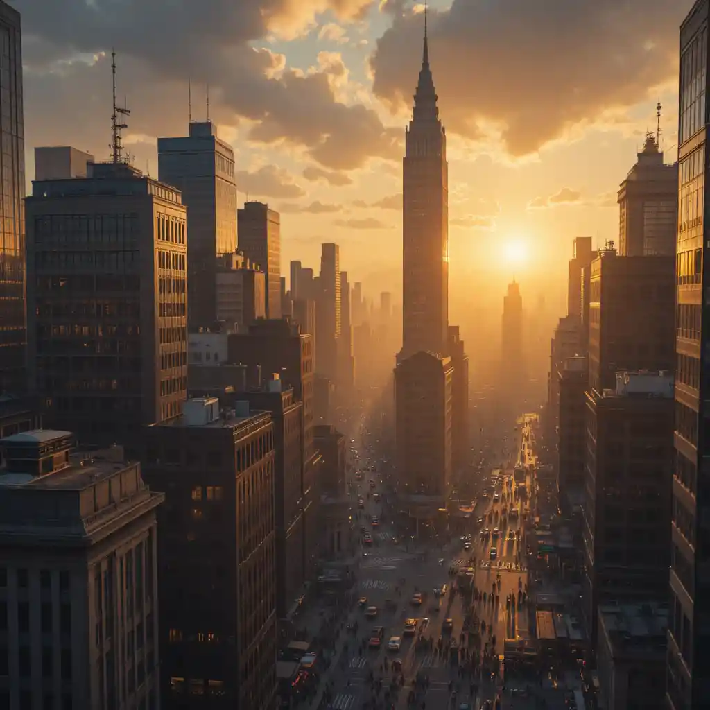 Vista cinematografica all’ora d’oro dello skyline di una città moderna