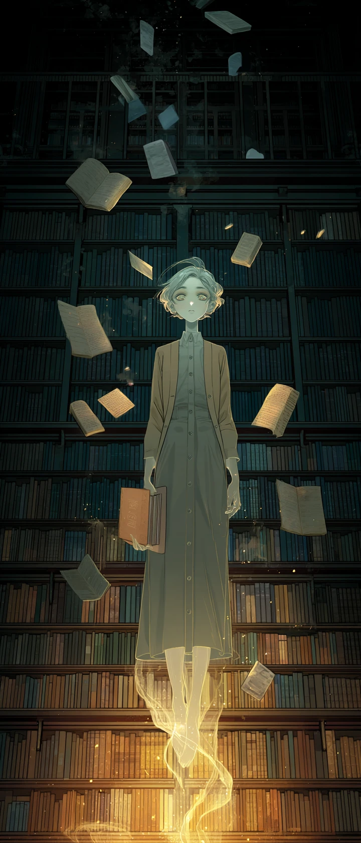 Bibliotecária fantasma flutuando entre estantes em uma biblioteca escura