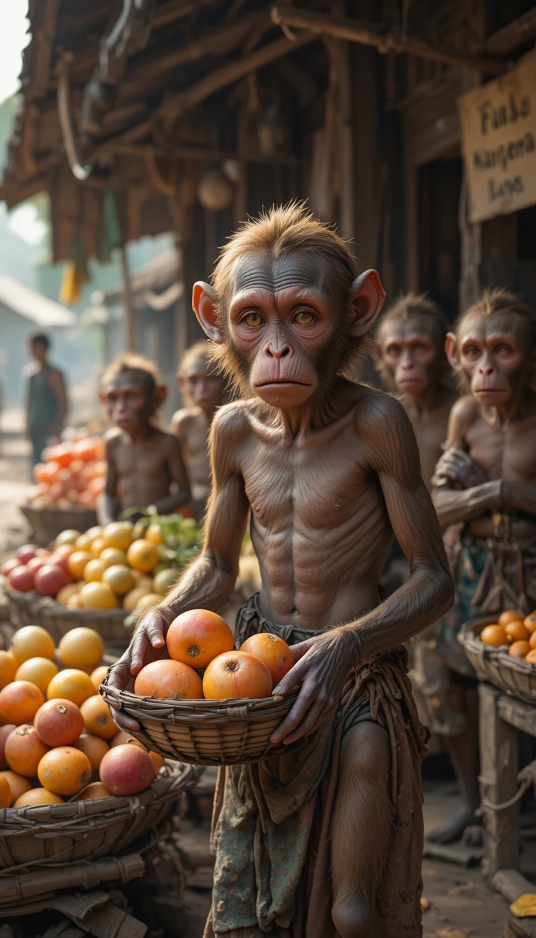 Pobre macaco vendedor organizando frutas em mercado de vila