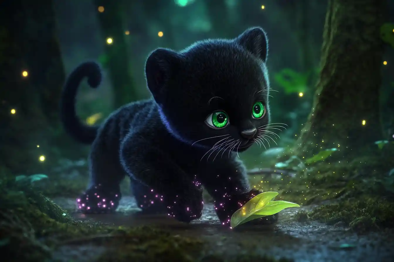 Bioluminescent Panther Cub In Twilight Amazon Rainforest