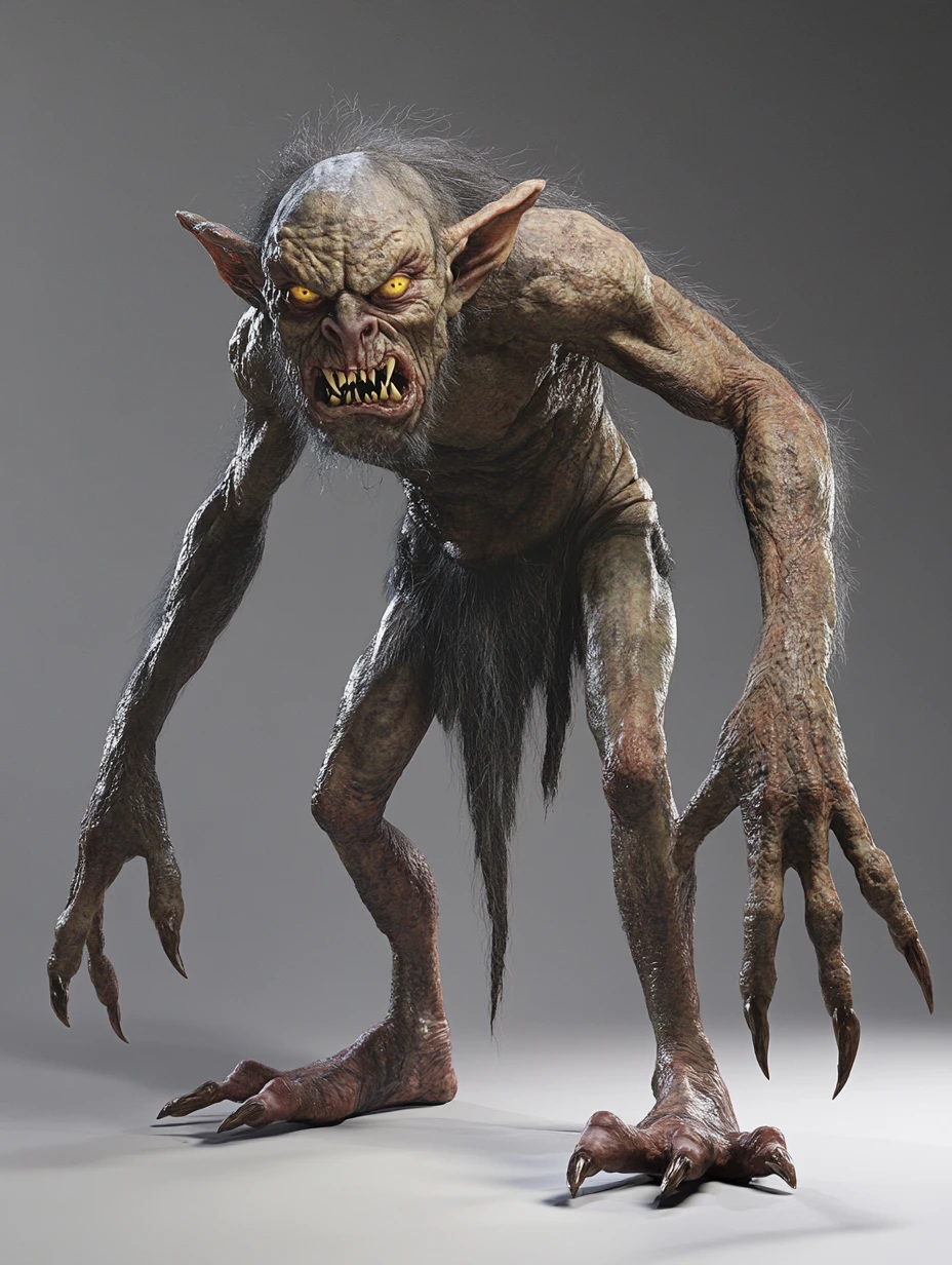 Personagem goblin 3D de corpo inteiro com sorriso ameaçador