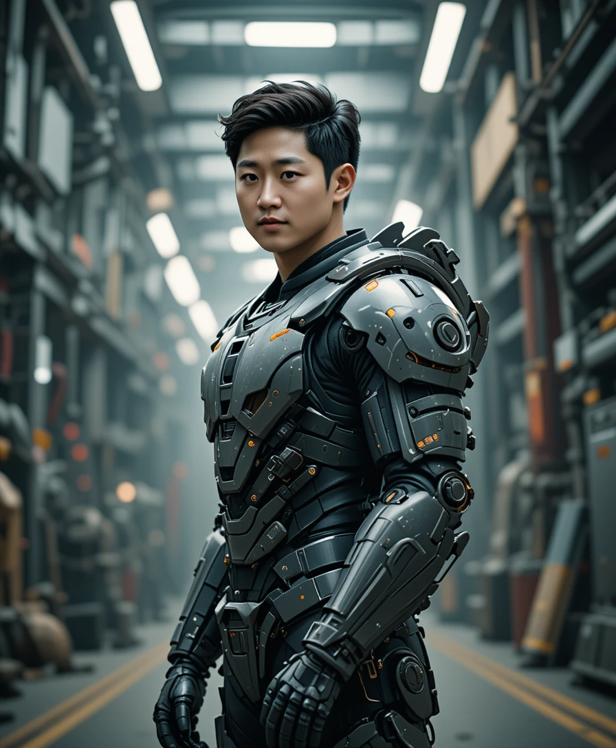 Homem asiático blindado em cena futurista industrial de perfil