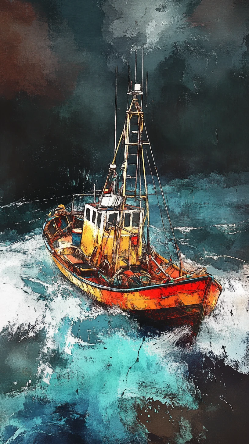Buntes Fischerboot, das auf dem offenen Ozean gegen die Wellen kämpft