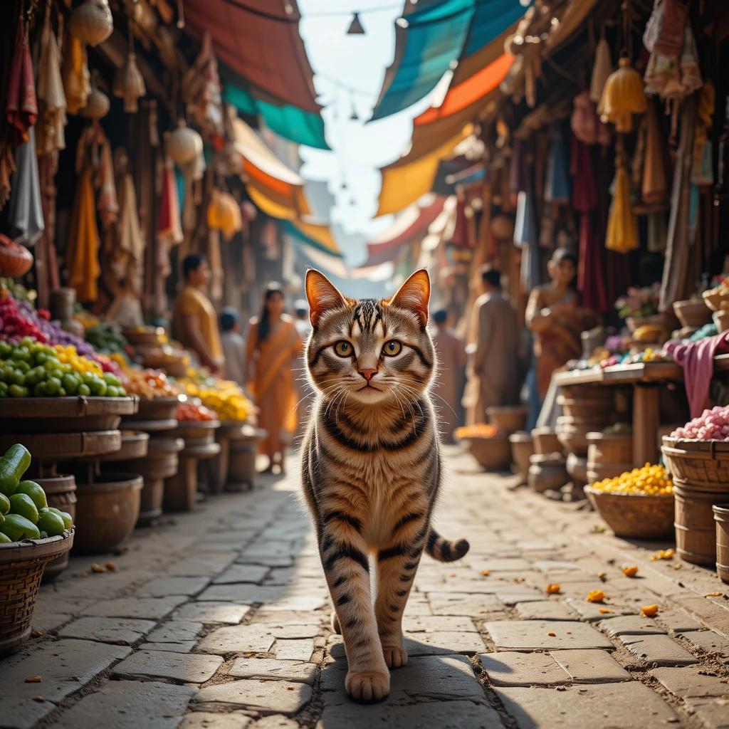 Gato caminhando por um colorido mercado de rua indiano