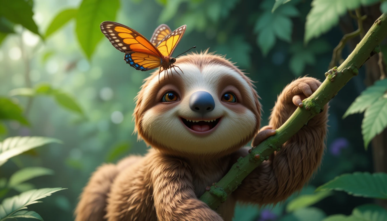 ジャングルで鼻に蝶がとまったかわいい3Dナマケモノ（接写）