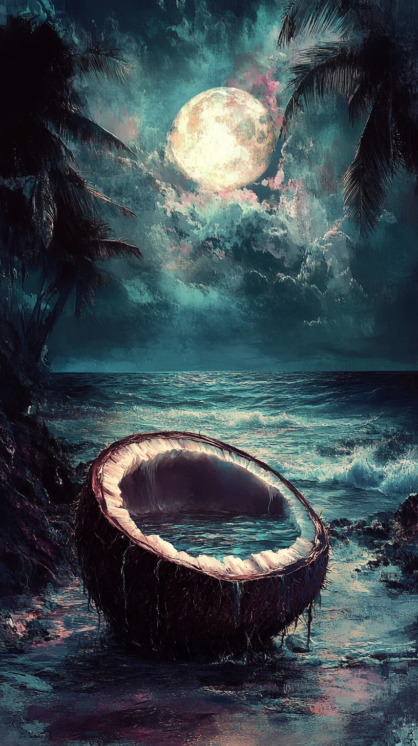 Surreal coconut aquarium spilling ocean on a dark beach