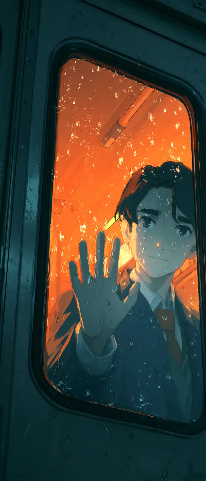 Geisterhafter Schüler am regnerischen Zugfenster im weichen Anime-Stil