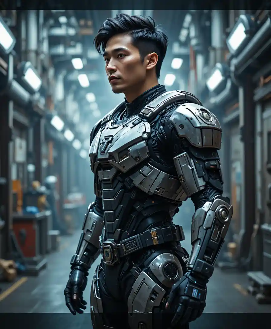 Guerreiro asiático blindado em uma instalação industrial futurista