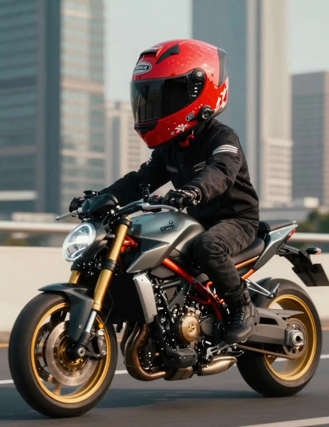 Motociclista de capacete vermelho em close-up em cidade ensolarada