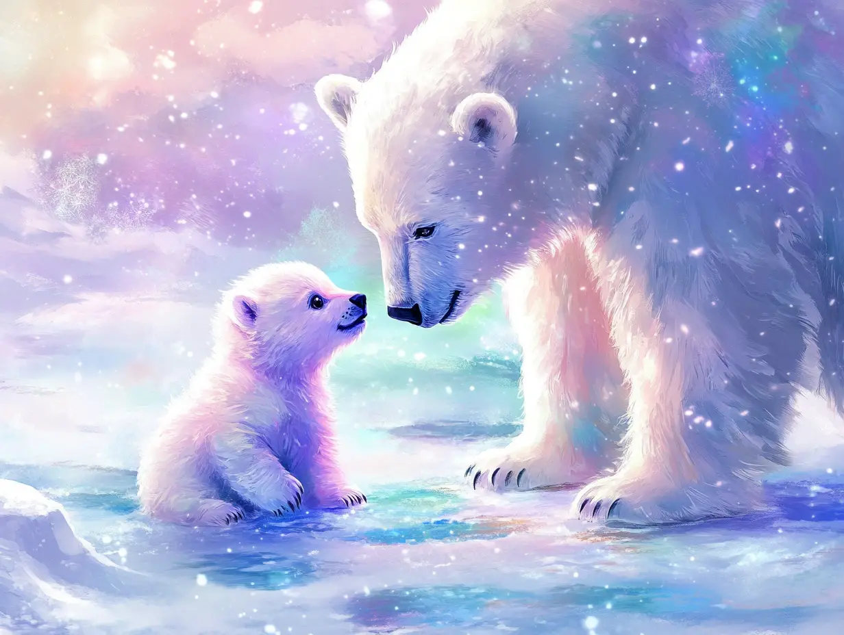 Baby polar bear tumbling toward mother on icy twilight shelf