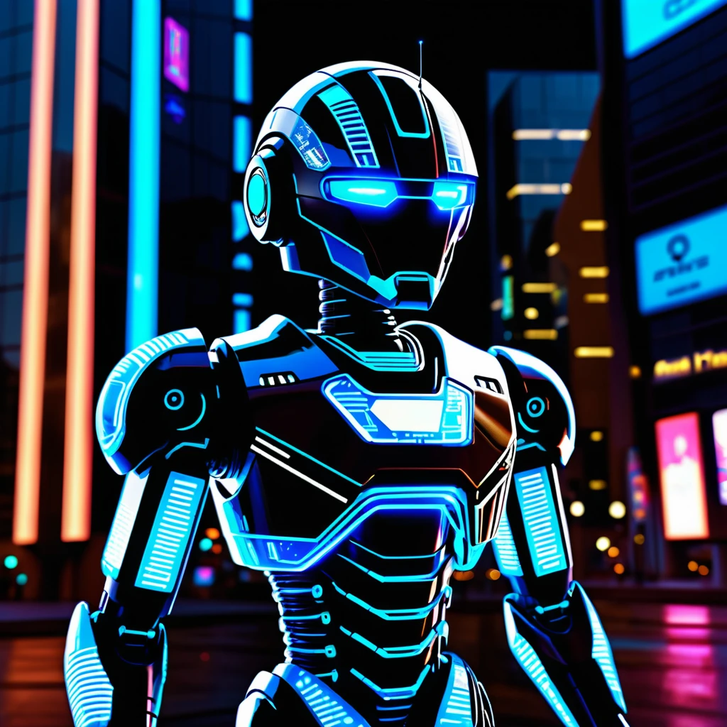 Android futuristico davanti a edificio di fantascienza illuminato al neon