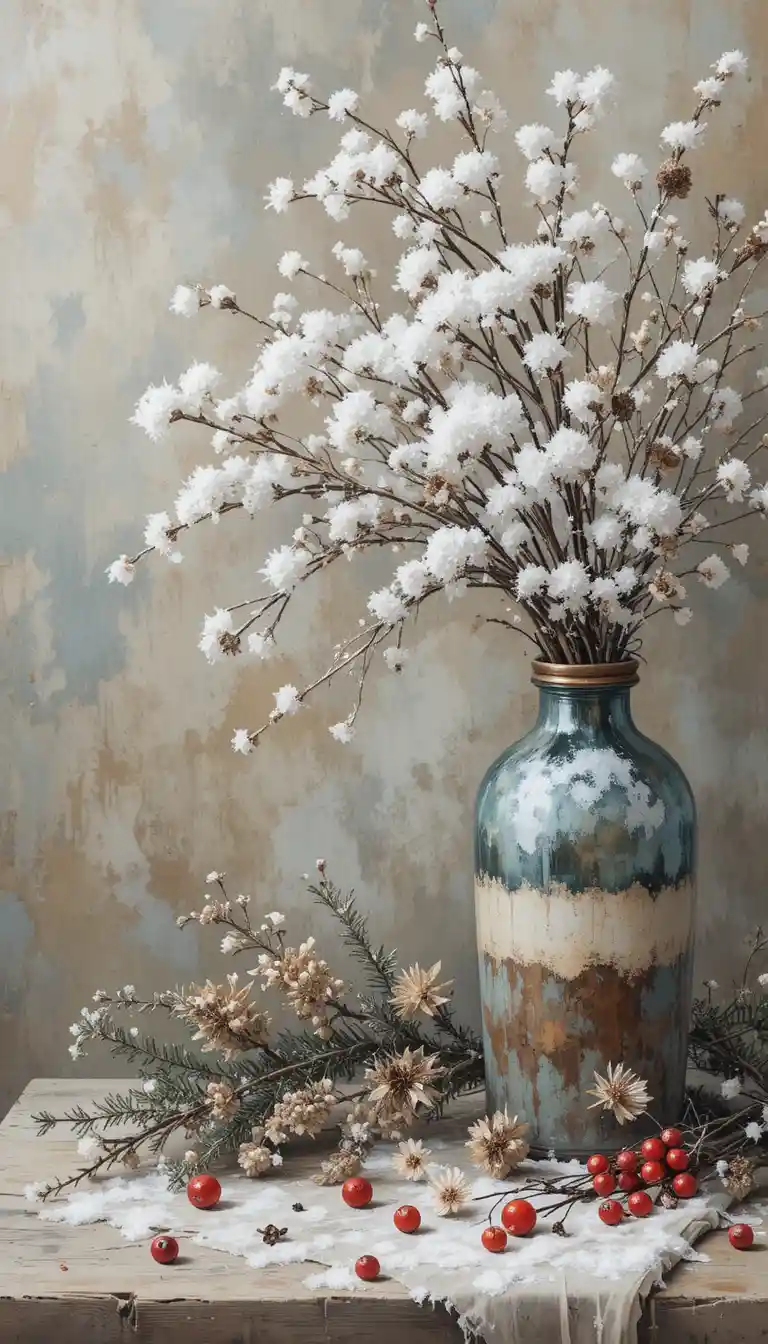 Aconchegante natureza‑morta de inverno com garrafa‑vaso e flocos de neve
