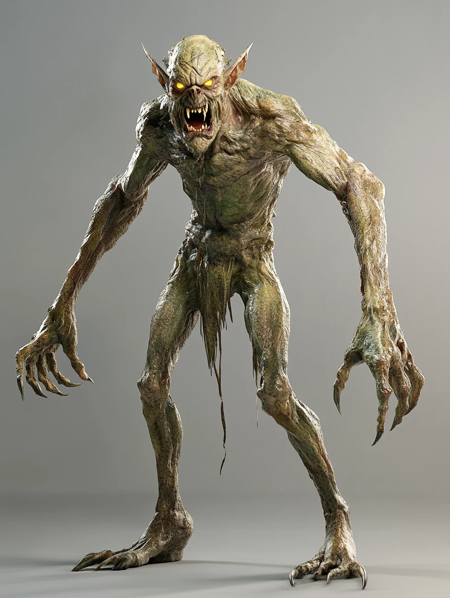 Personagem goblin 3D ameaçador com corpo musculoso e fibrado