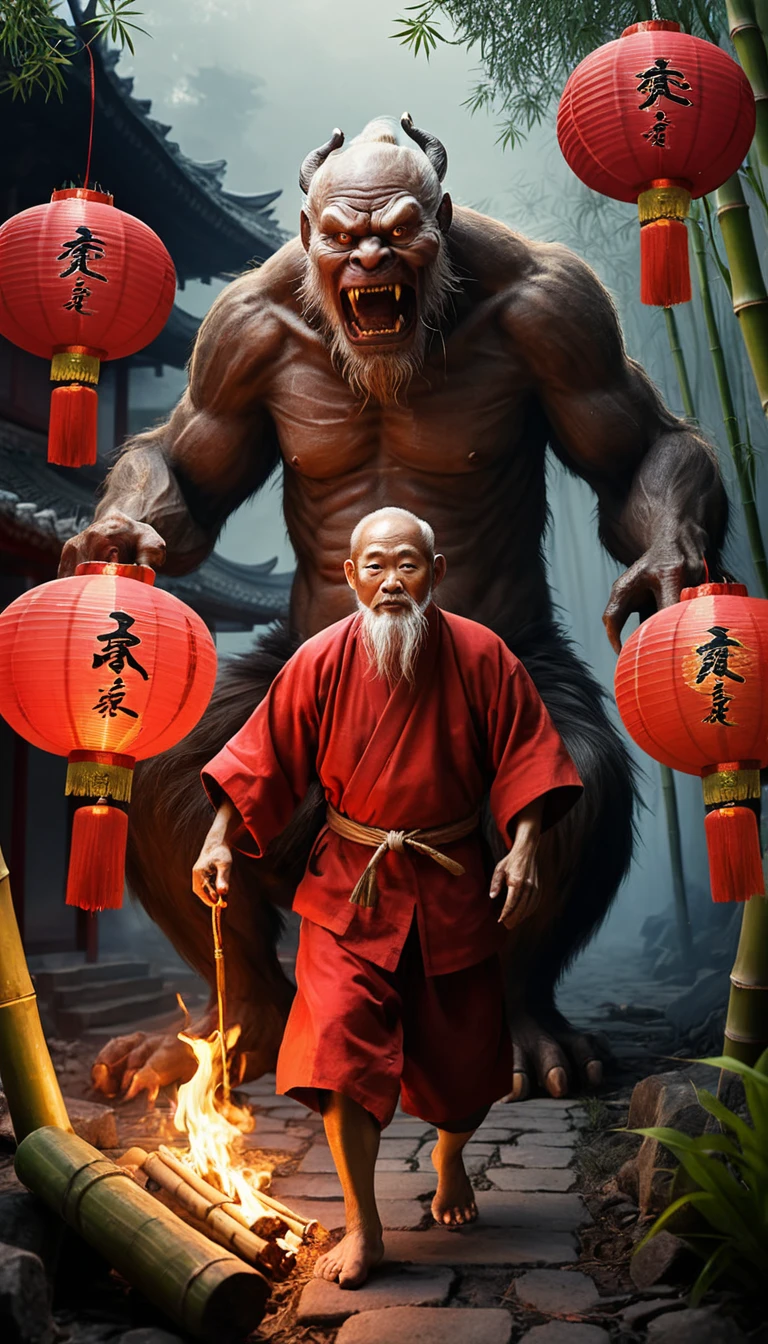 Assustador monstro Nian atacando uma vila chinesa