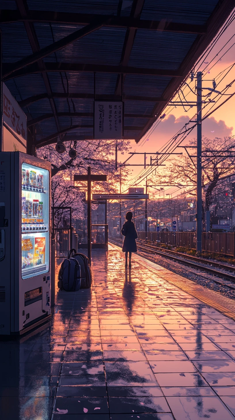 Solitary figure on a sunlit suburban train platform