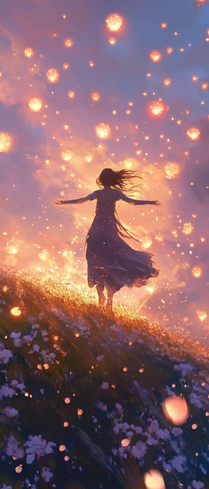 Young woman embracing the wind on a glowing blossom hill