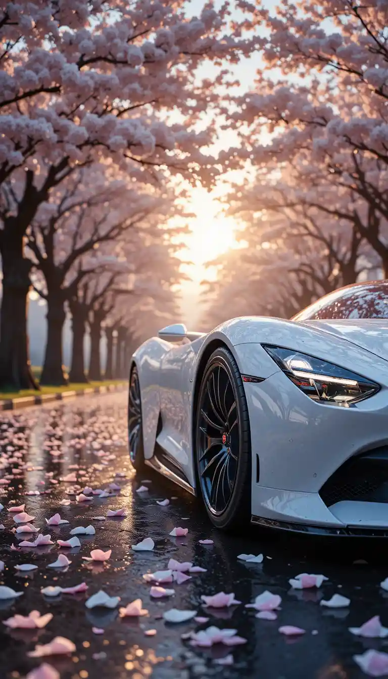 Supercarro branco futurista sob flores de cerejeira ao pôr do sol