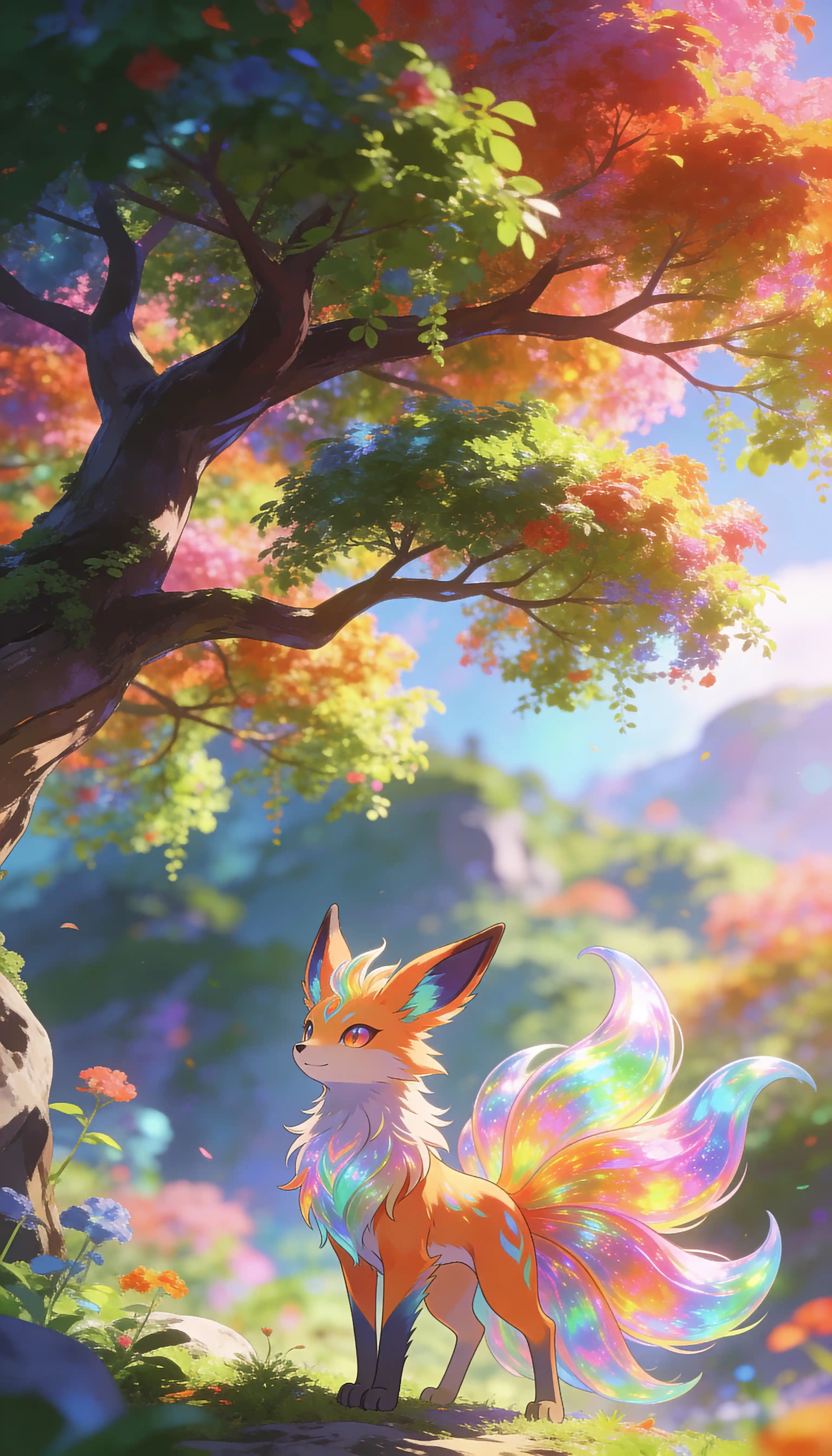 Renard fantastique et coloré sous un arbre cartoon luxuriant