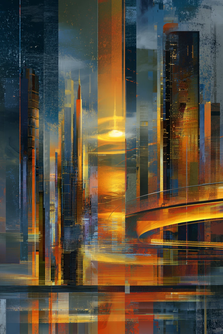 Metropoli futuristica al tramonto con skyline al neon luminoso