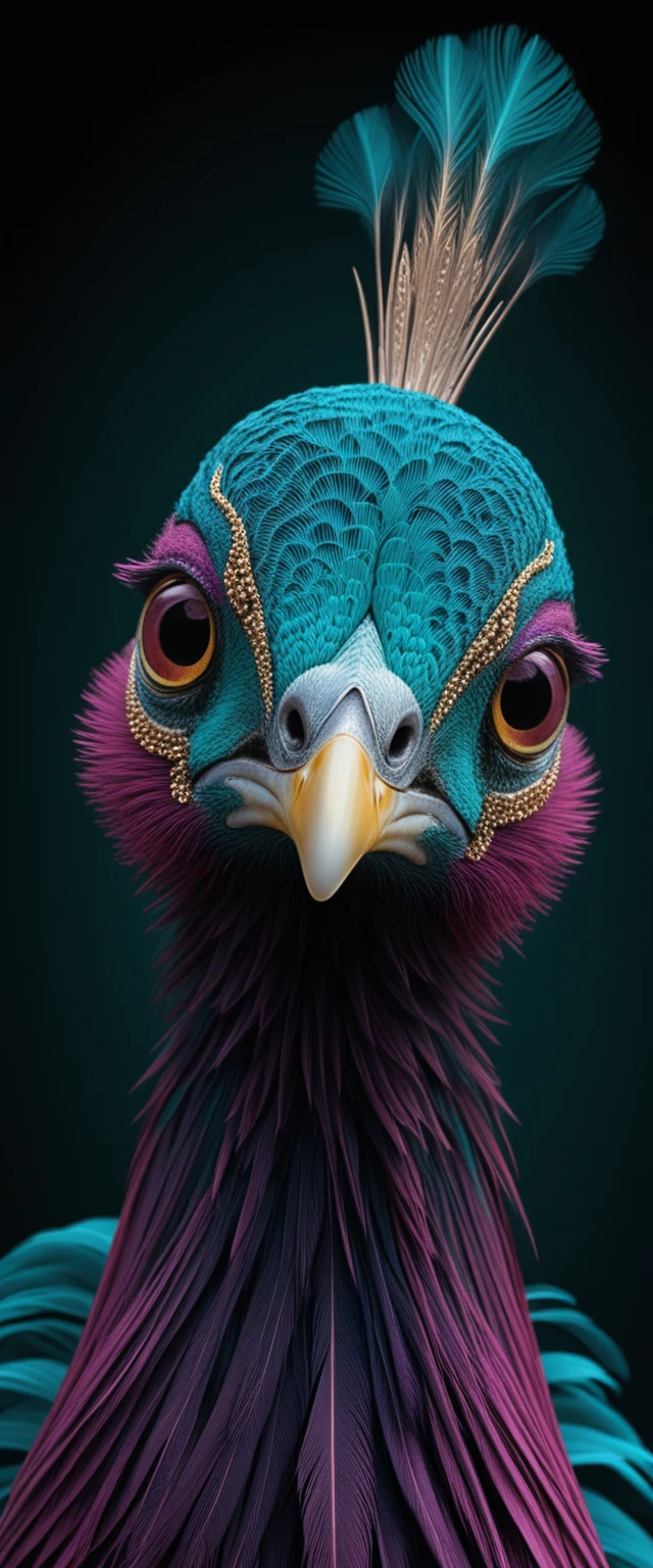 Retrato lateral de um pavão majestoso com plumagem iridescente e cintilante como joias
