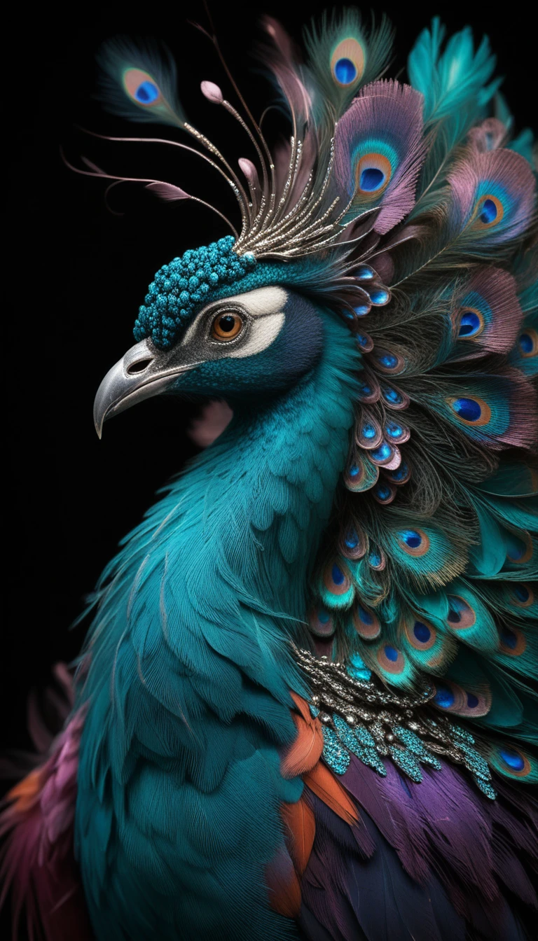 Retrato lateral majestoso de pavão com plumagem iridescente como joias
