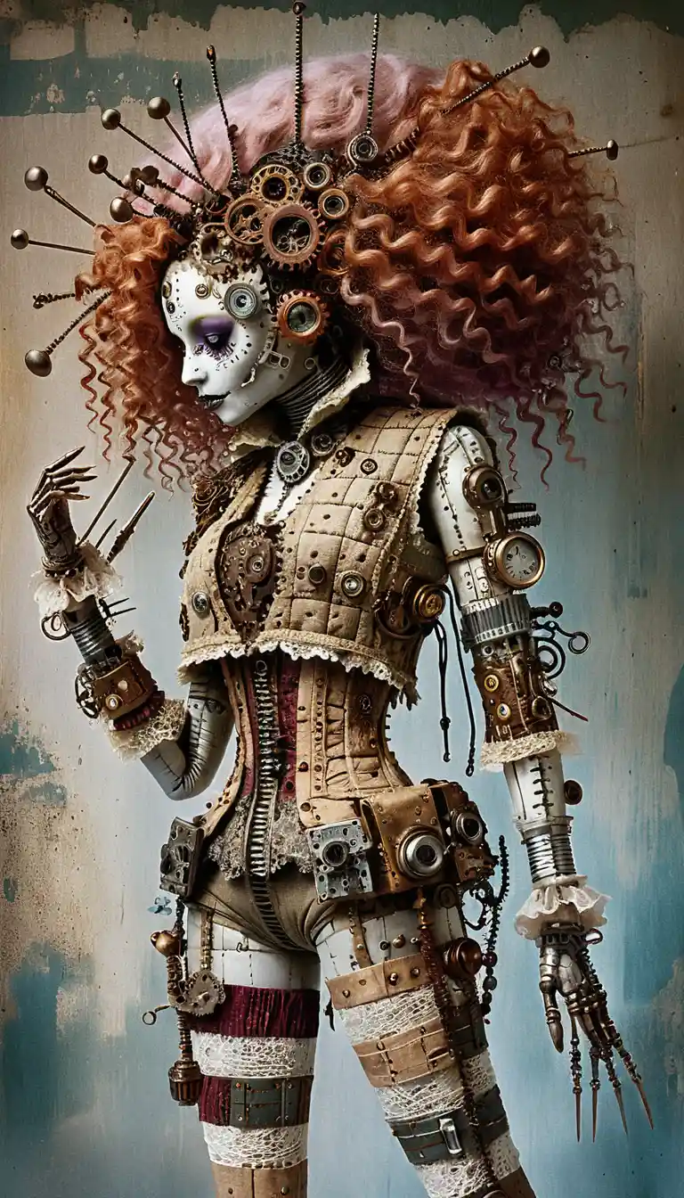 Steampunk ragdoll woman in gothic side profile portrait