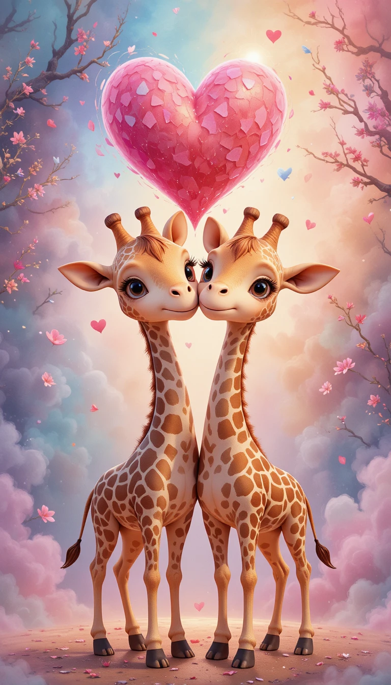 Duas girafas com pescoços entrelaçados sob um coração em aquarela