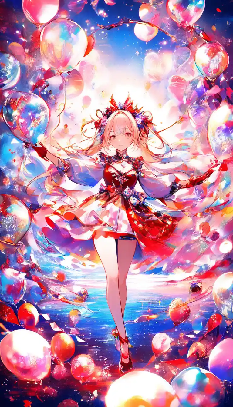 Dancing girl with red and white balloons in watercolor scene