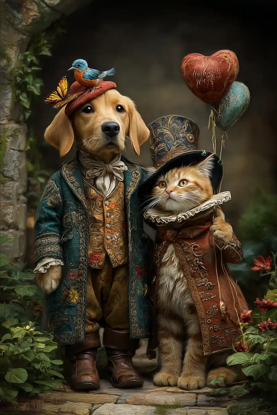 Chats et chiens romantiques de Saint-Valentin en art numérique ludique