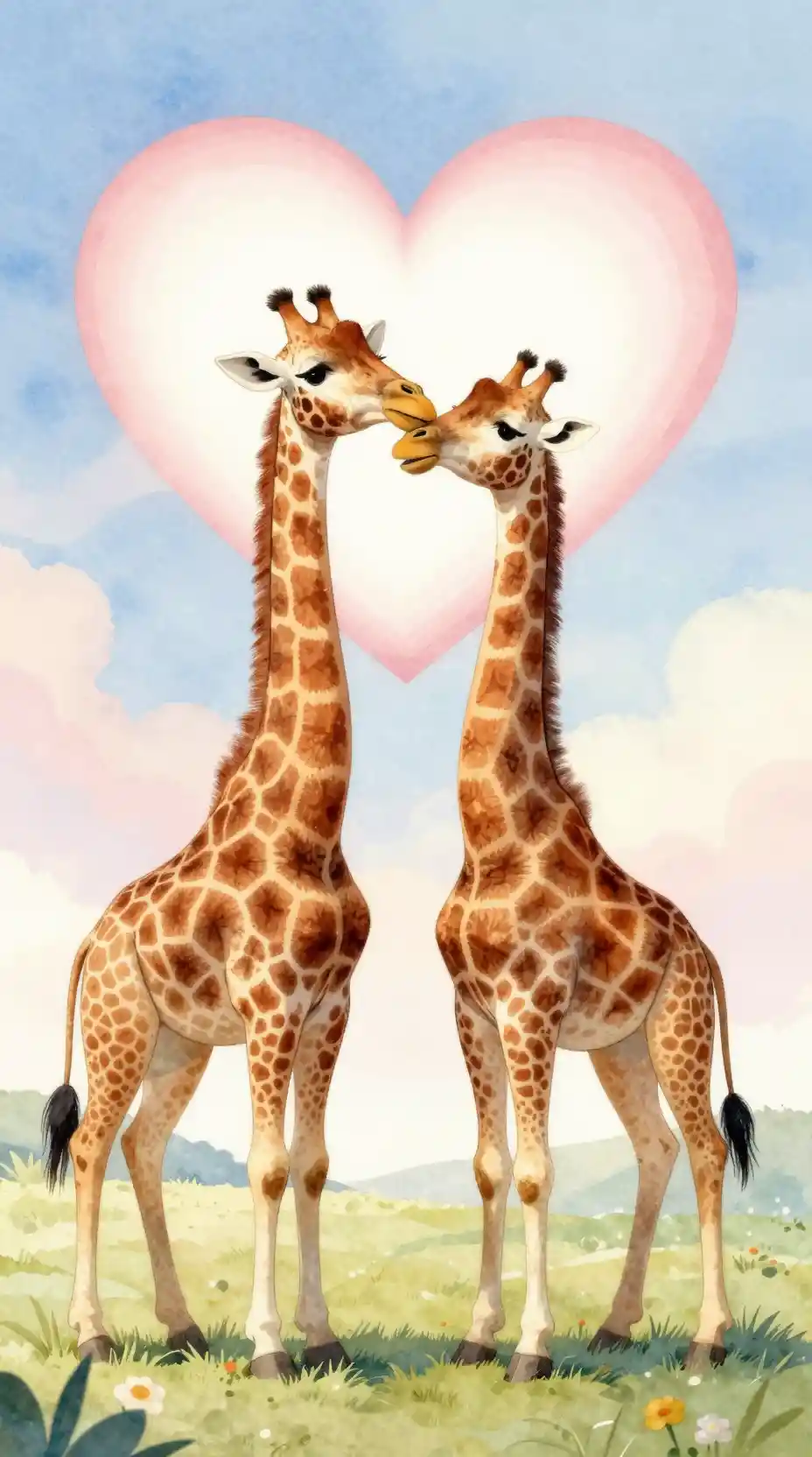Duas girafas com pescoços entrelaçados sob um coração