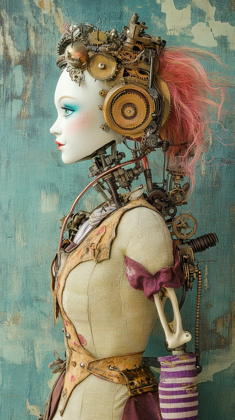 Steampunk gothic ragdoll woman in mechanical side profile