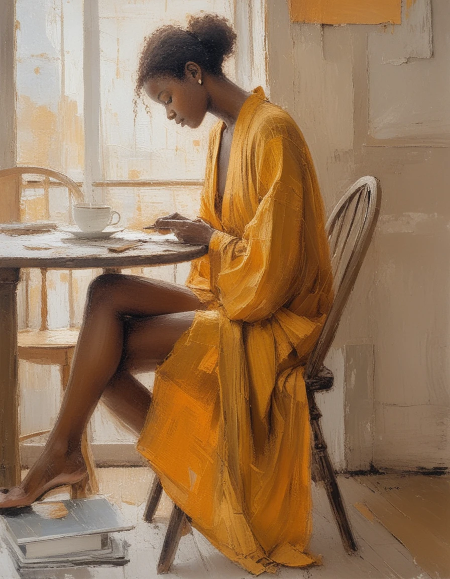 Afro American woman reading quietly by a sunlit window