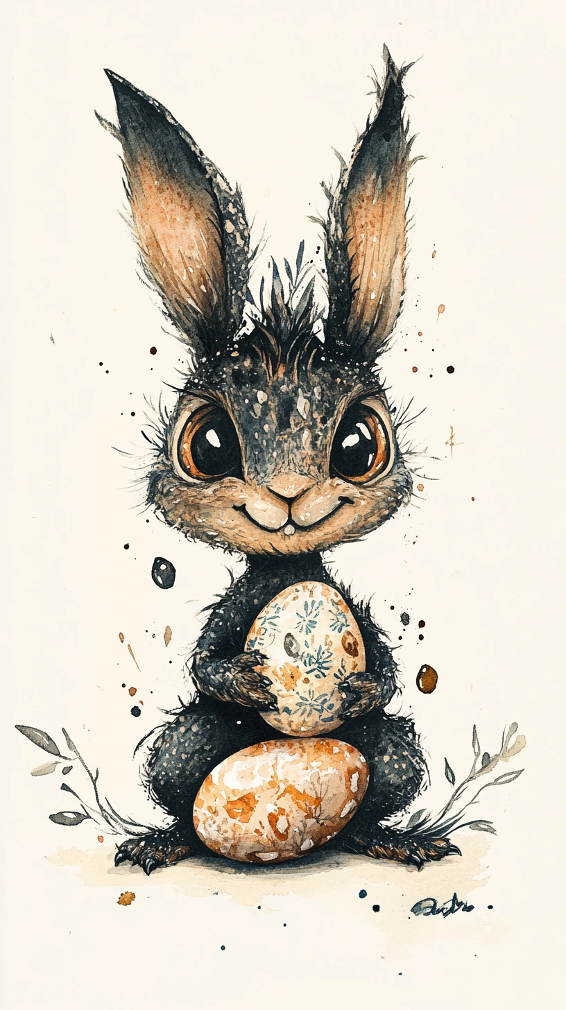 Coelho onírico em aquarela com ovo de Páscoa em fundo branco