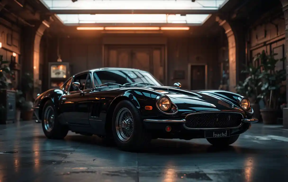 Classic car portrait in a dark futuristic garage