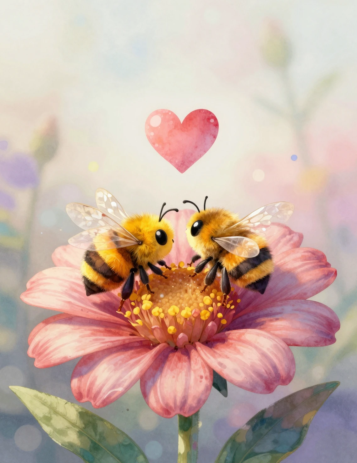 Two cute bees cuddling by a bright valentine flower