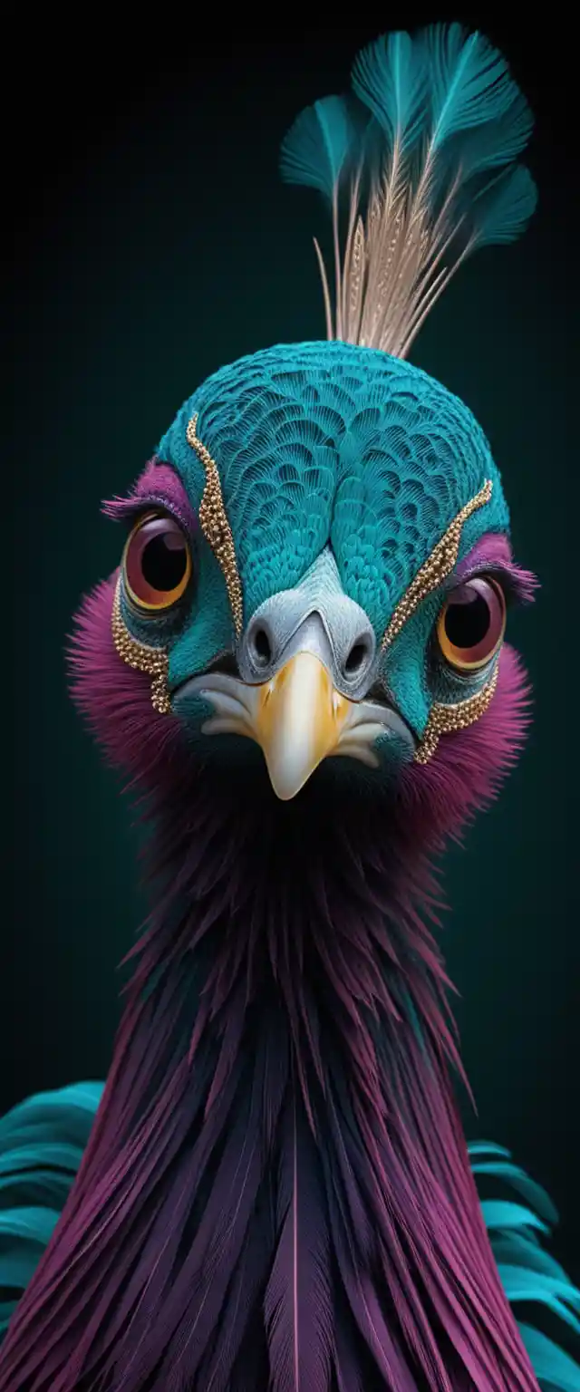 Retrato lateral de um pavão majestoso com plumagem iridescente e cintilante como joias