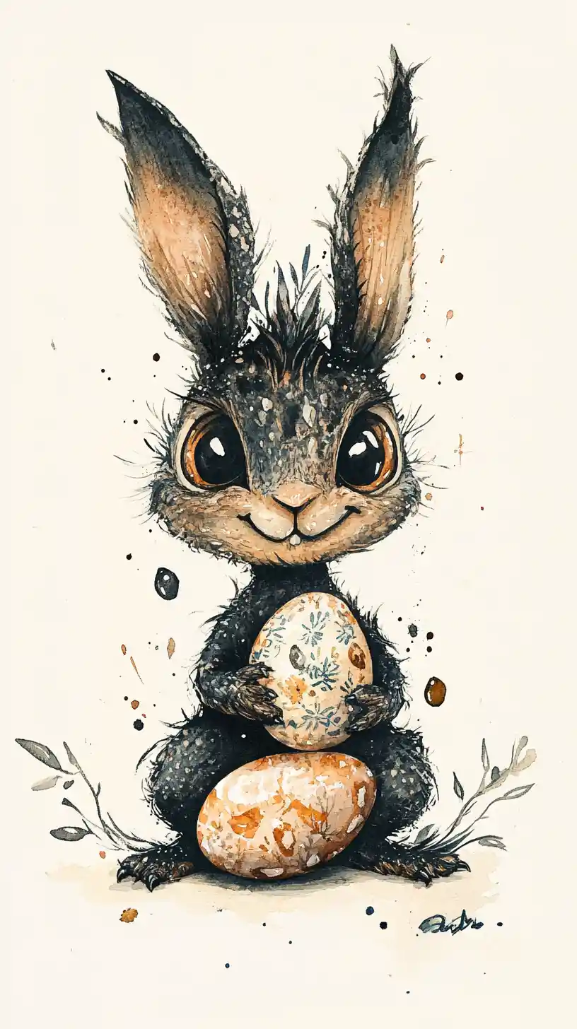 Träumerisches Aquarell-Kaninchen mit Osterei auf weißem Hintergrund