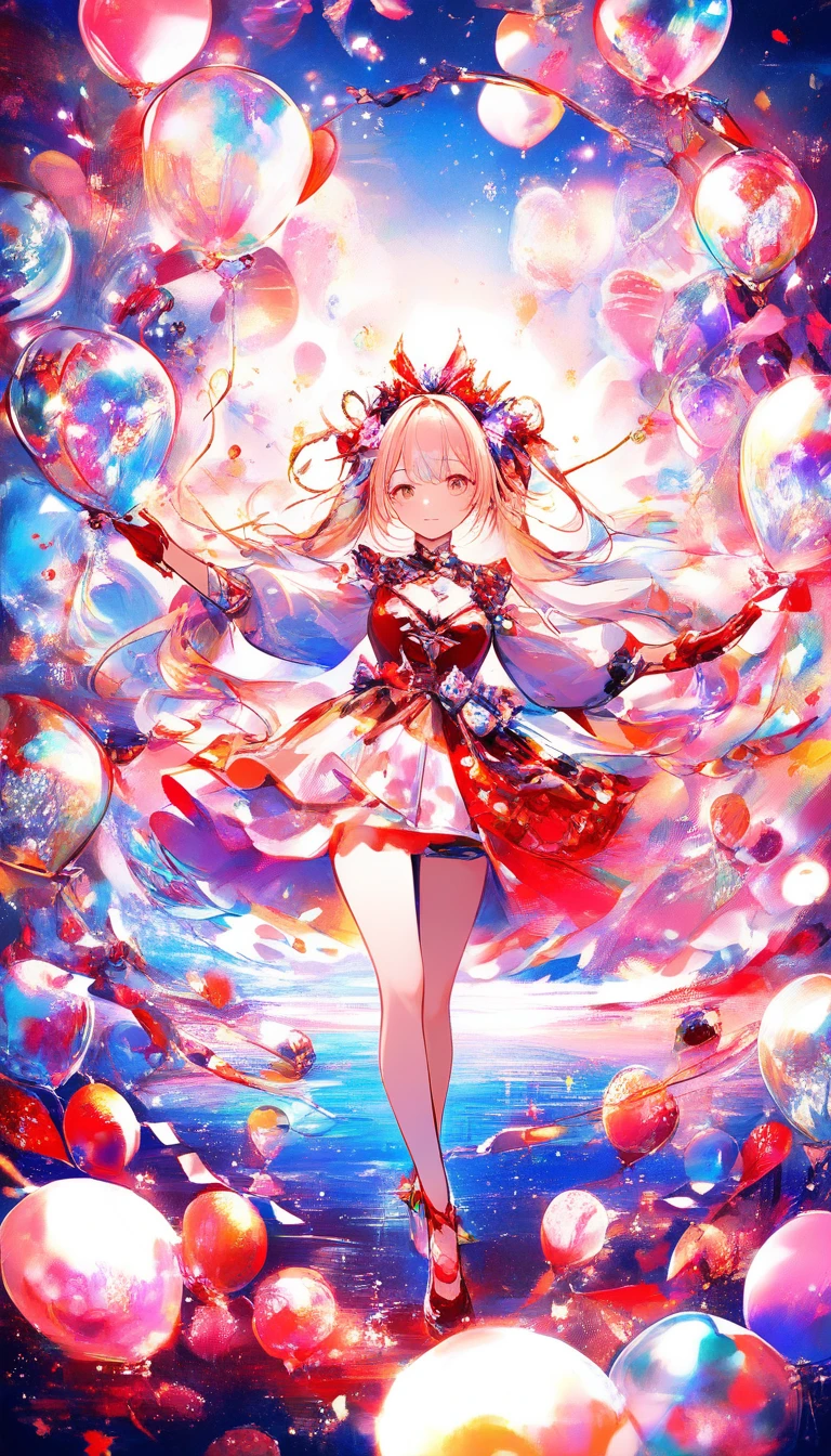 Dancing girl with red and white balloons in watercolor scene