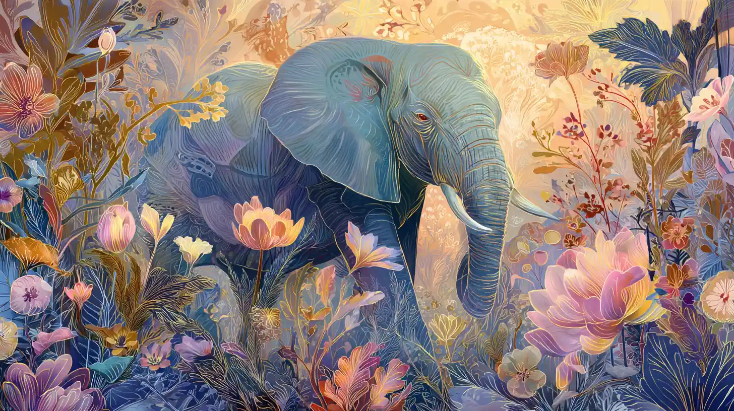 Éléphant surréaliste dans une savane luxuriante et colorée